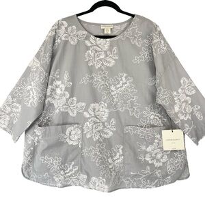 NWT Cynthia Rowley Grey Floral Embroidered Top Size 1X Boho